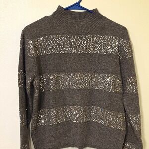 Ophelia Roe Women's Gray Knit Mock Neck Sequin Stripe Long Sleeve Sweater M #127